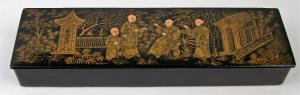 Antique Japanese Hand-Painted Black Lacquer Pencil Box Papier Mache Chinoiserie